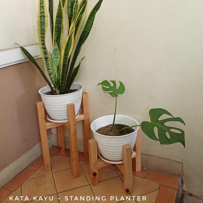 Paket Couple Standing Planter Plant rak pot Kayu 30cm dan 50cm