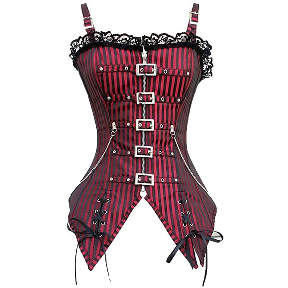 Women Sexy Corset Shoulder Straps Steampunk Bustier Top Stripe Vintage Lace Overlay Vintage Costume