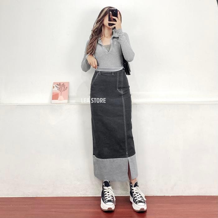 ERZA SKIRT JEANS/ ROK JEANS HIGH WAIST WANITA Panjang Hitam /LEA STORE
