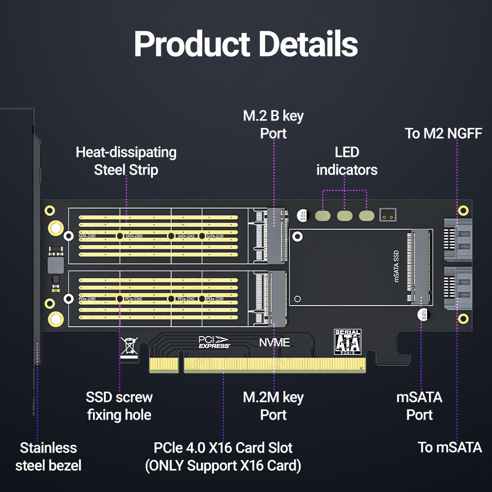 JEYI NVMe NGFF and mSATA SSD PCIe 4.0/3.0 Adapter Card, 3 in 1 M.2 NVME to PCIE/M.2 SATA SSD to SATA