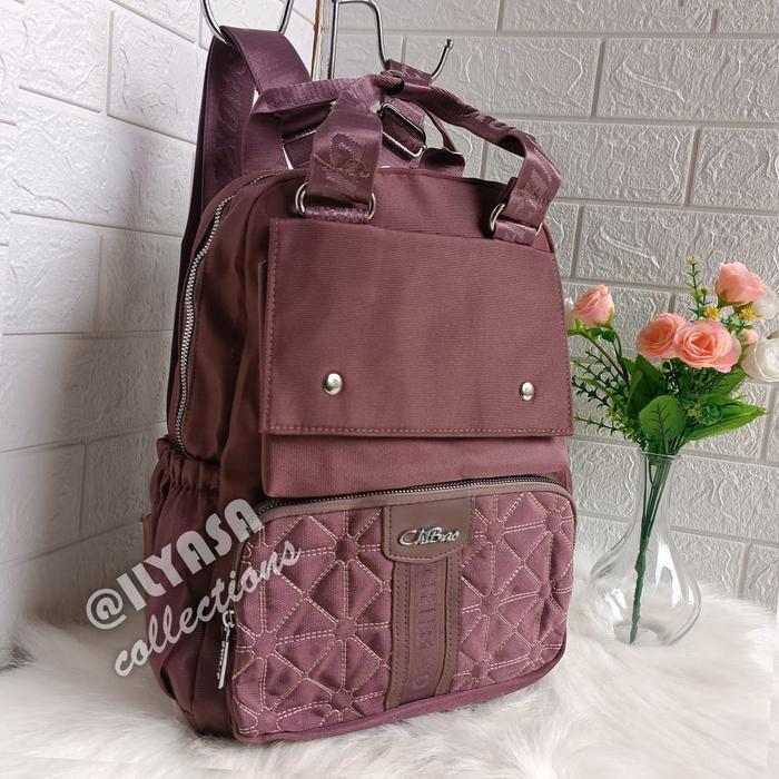 Tas Ransel Wanita Chibao List Kulit Muat Laptop 12 Inch Kanvas / Tas Sekolah / Tas Kerja / Tas
