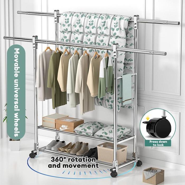 Rak Gantungan Baju Berdiri Stainless Steel Tebal Jemuran Baju Stainless Jemuran Baju Dobel Pool Roda
