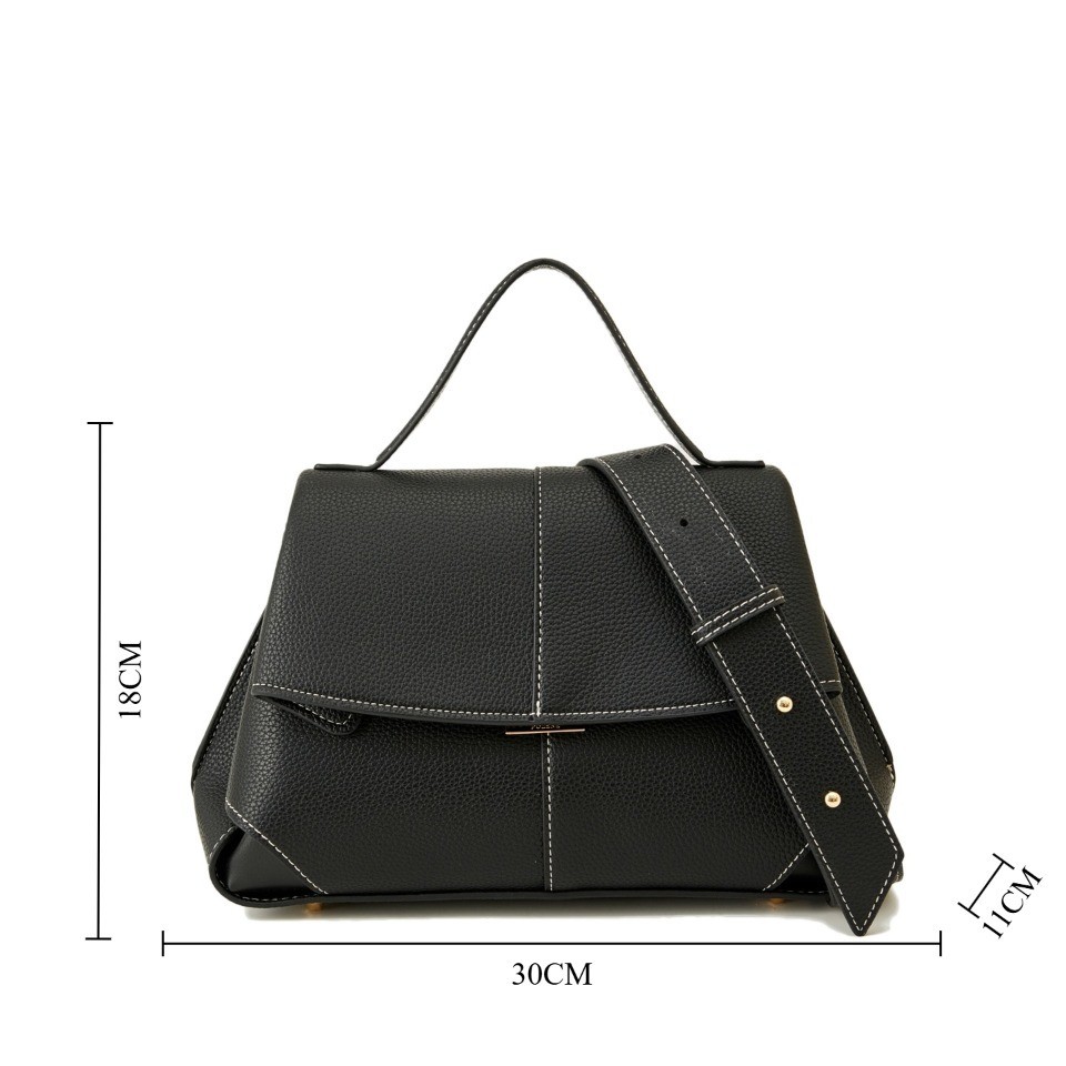 Pebbled Leather Flap Satchel Bag 2 Layers Top Handle Crossbody Shoulder Bag with Contrast Stitching