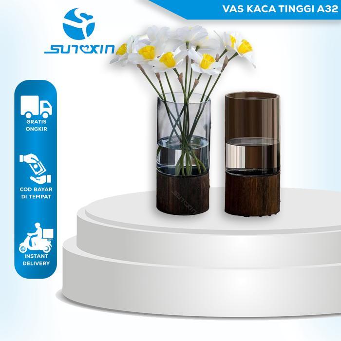 SUNXIN Vas Kaca Tinggi A32/ Vas Kaca Tali Rami / Vas Bunga Kaca Bening / Vas Kaca Bening