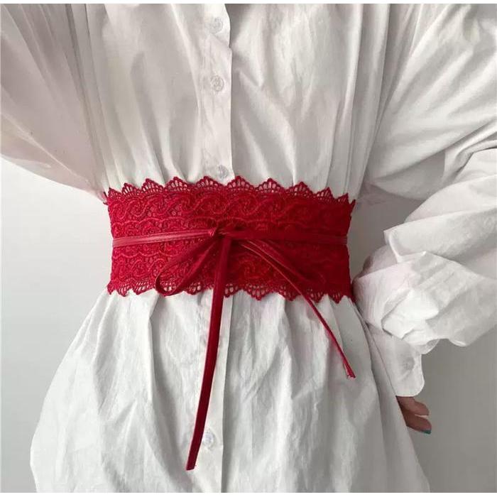 Vendi - Ikat Pinggang Wanita Sabuk Lebar Belt Fashion Korea Obi Lebar Kulit Renda Black Pink Pasti