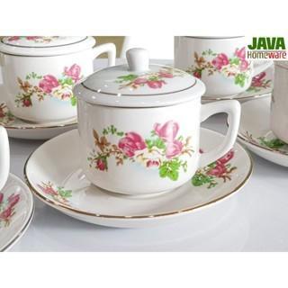 CANGKIR LEPEK TUTUP KERAMIK BUNGA ( Isi 6 cangkir 6 lepek) / CANGKIR TATAK JADUL