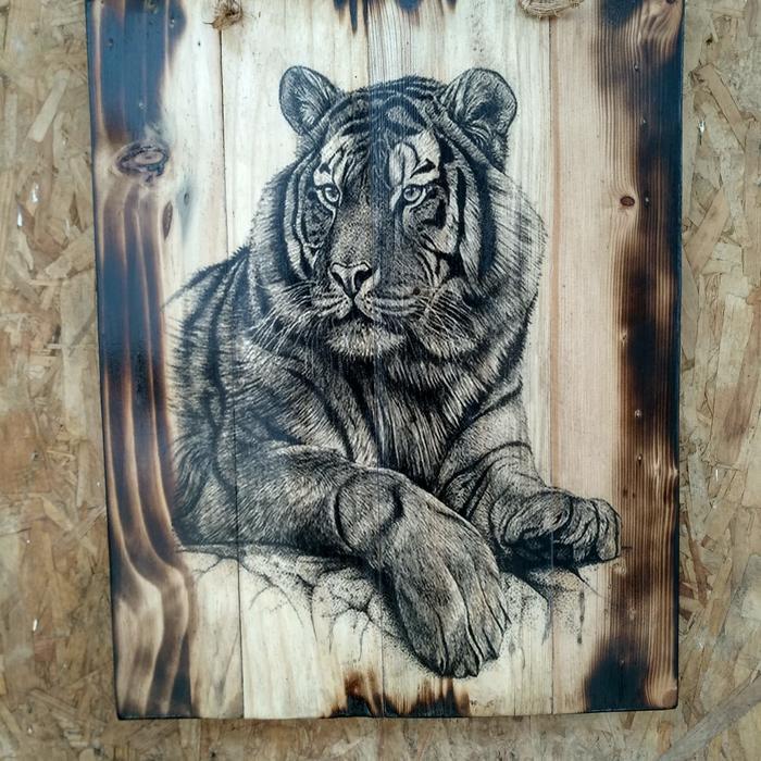 Sedia Lukisan Kayu Tiger Macan Jatibelanda Bakar Hiasan Dinding Ruang Tamu