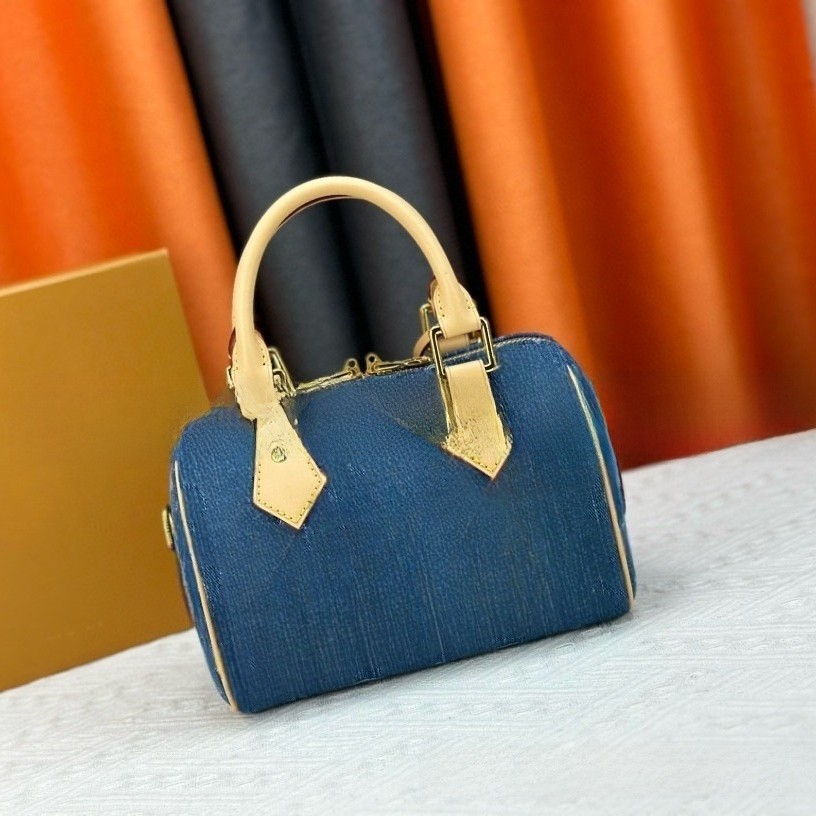 Fashionable Speedy20cm Denim Floral Print Handbag Women's Crossbody Shoulder Bag Boston Bag Style