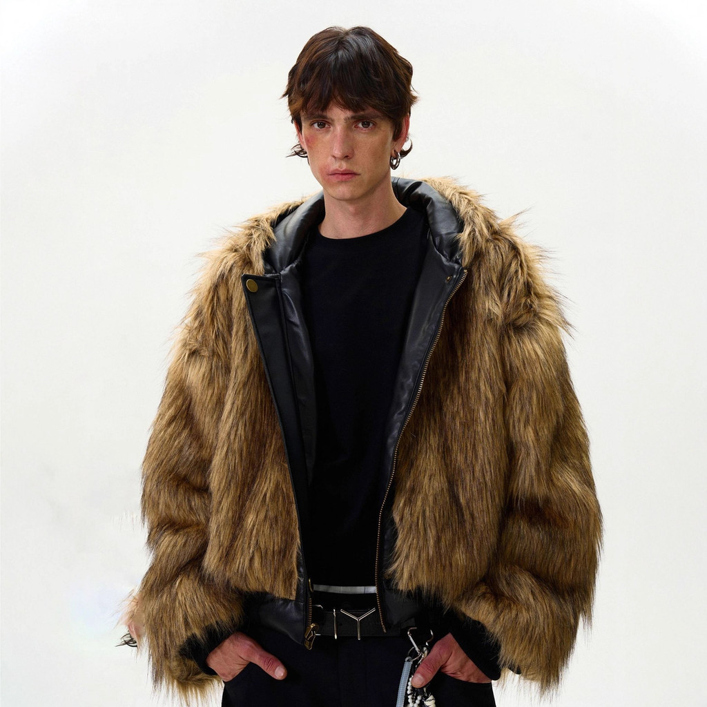 New Men's Reversible Faux Fur Jacket Winter Hooded Stand Collar Sherpa Lined Warm Cotton Parka