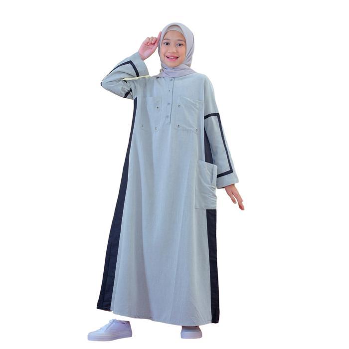Lunangoofficial Gamis Katun Denim Abaya Anak Lg 883 Baju Cantik Casual Lembut Muslim Panjang Kotak