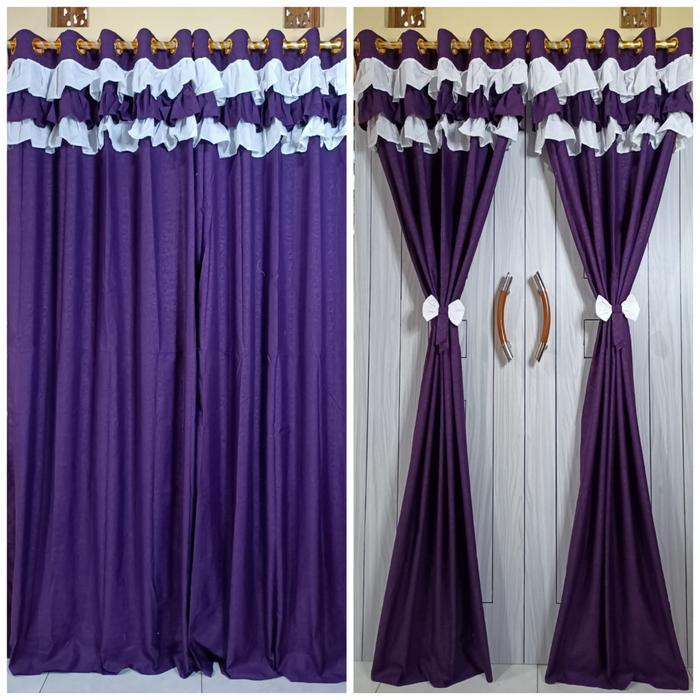Gorden Jendela Pintu Kamar Minimalis Polos Embos Ungu Tua Model Poni Rumbai Susun