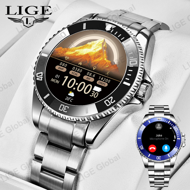 LIGE Men's Luxury Full Steel Smartwatch Bluetooth Call Voice Assistant Message Man Wristwatch 100+