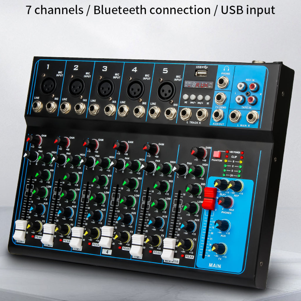 7 Channel Audio Mixer Support USB Playback Compact Sound Mixing Board Console System Mini for Music