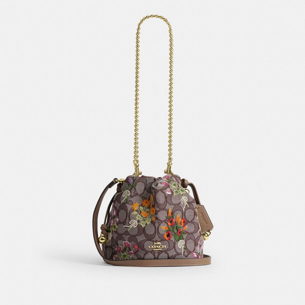 Coach Faye Mini Drawstring Bag in Signature Jacquard with Floral Embroidery - Tas Bahu Wanita