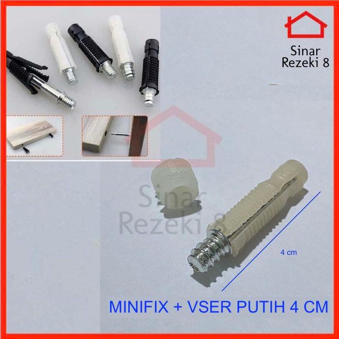 Minifix + Viser Putih 4 cm / Baut Knock Down Sekrup Ambalan Melayang .