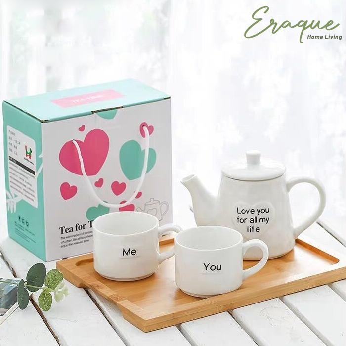 White Couple Tea Pot Set / Set Teko Cangkir Air Keramik Putih Gift Box