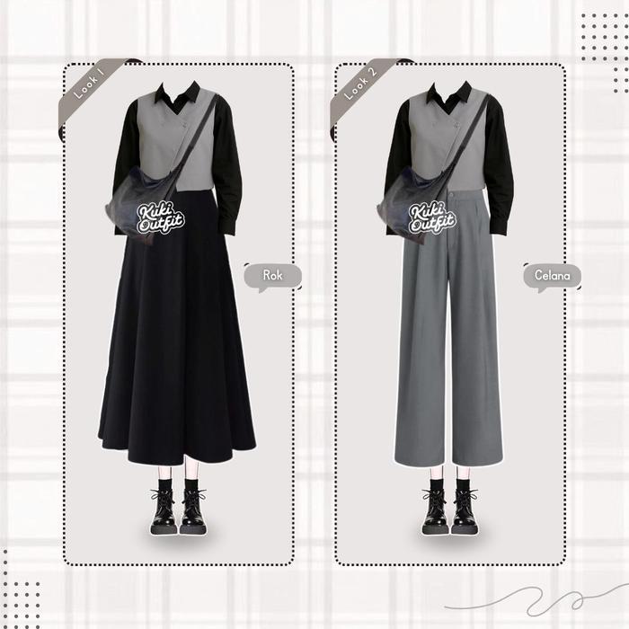 KUKI OUTFIT - Black One Set Outfit Wanita Kekinian (Vest, Kemeja, Rok) Setelan Hijab Wanita