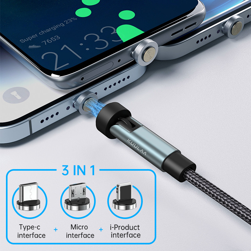 KUULAA 3 in 1 Magnetic Cable 540° Rotate Fast Charging Magnet Charger Micro USB Type C Cable Mobile 