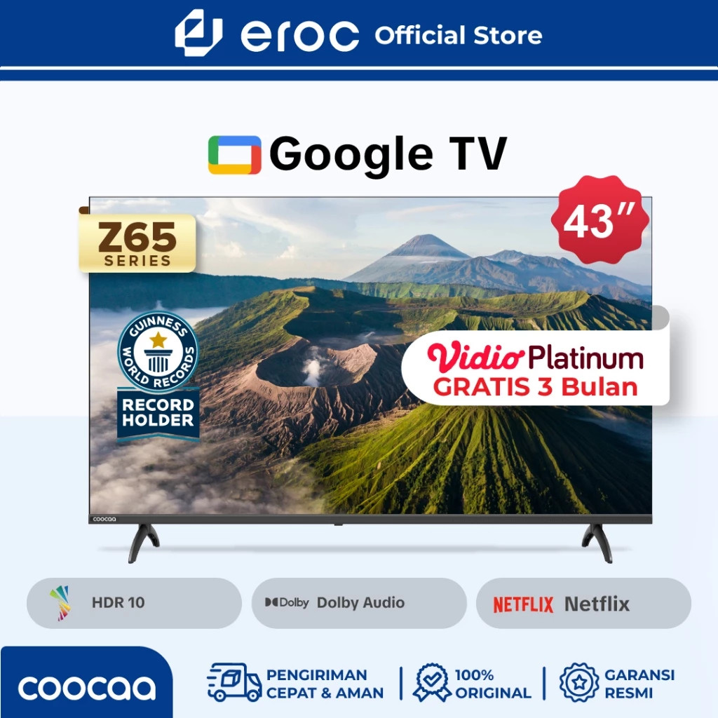 COOCAA Smart TV 43 inch - Android 10 - Youtube - Dolby Audio - Google Assistant - Model 43Z65