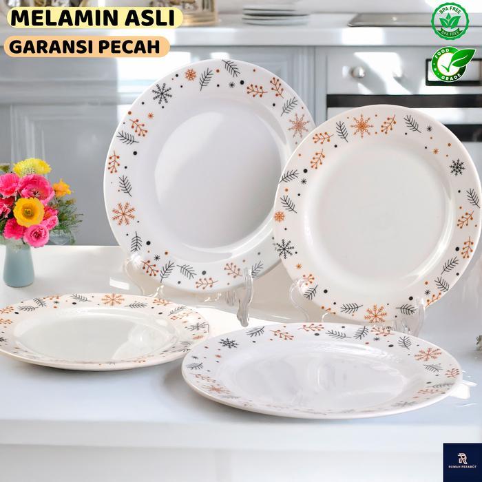 TOPTREE Piring Dangkal Melamin 8/9 inch Mewah Motif Bunga Mimosa Putih Elegan Peralatan Makan Dapur