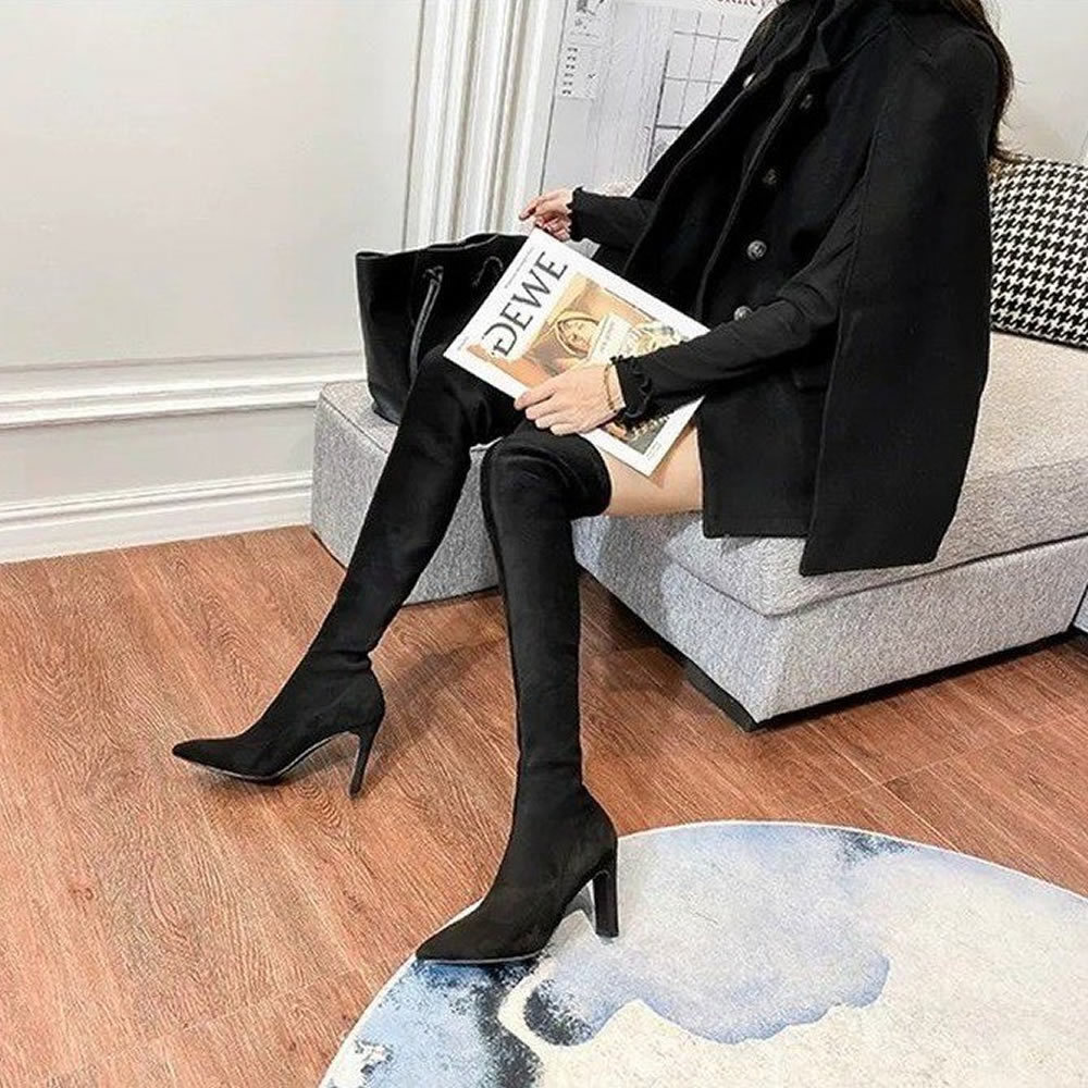 New Black Women Winter Boots Thin High Heel Boots Long Boots Sexy Pointed Toe Ladies Women Suede