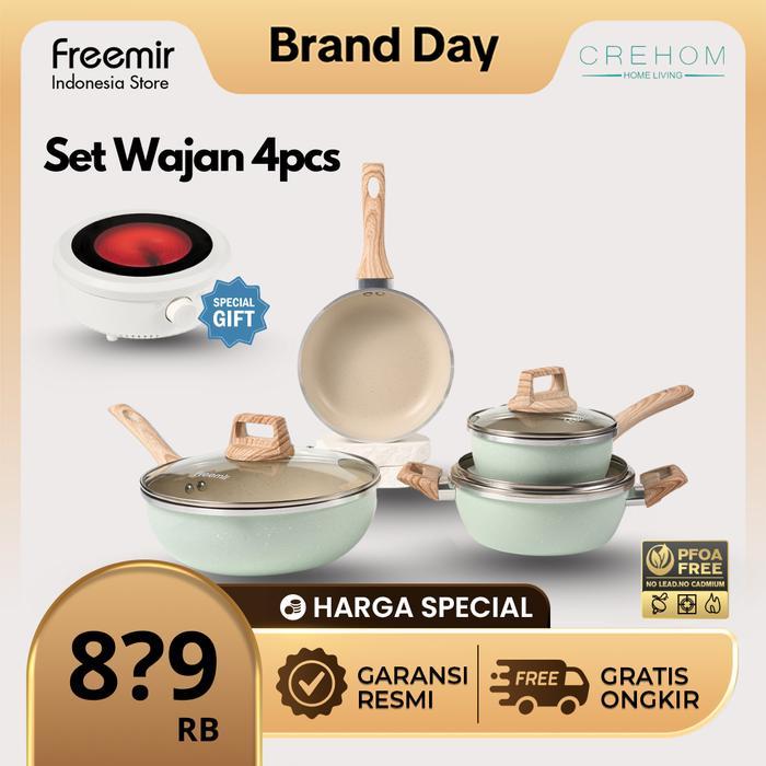 [Crehom] [BONUS PISAU] freemir Green Set 4 Pcs Wajan Panci Penggorengan Warna Hijau Wajan