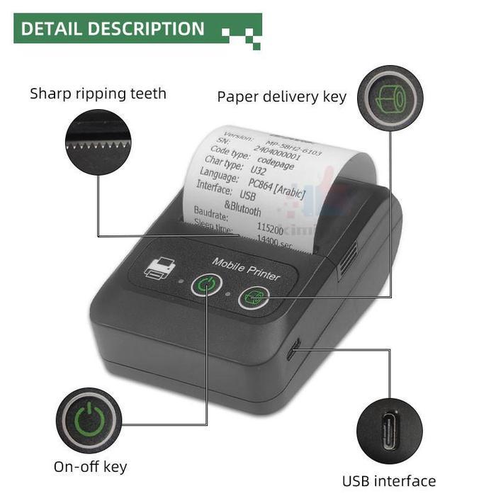 Printer termal Printer 58mm Alat pencetakan termal Pencetakan resi Dukungan multi-platform Bluetooth
