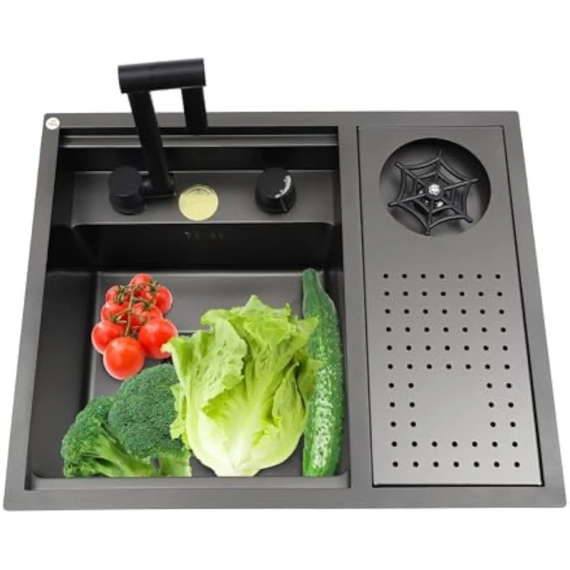 Nano Undermount Hidden Black Bar Sink, Undermount Installation Kitchen Sink with Cup Washer, Rear