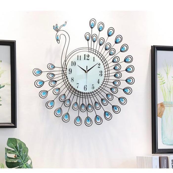 Jam Dinding 3D Diamond Peacock 53x53cm Metal Luxury Wall Clock, Dekorasi Living Room Mewah