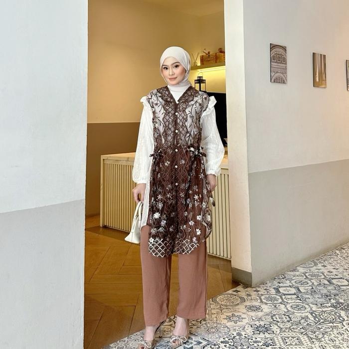 Eshantai Renita One Set Outer Brokat Jumbo Setelan Celana Mewah Bigsize Busui Friendly Kondangan