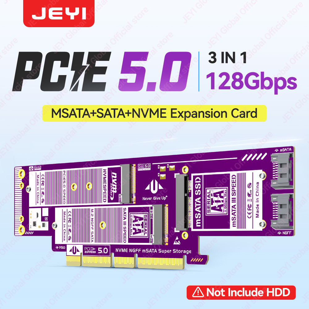 JEYI 3 in 1 M.2 NVME to PCIE/M.2 SATA SSD to SATA III/mSATA to SATA Adapter Card NVMe NGFF and mSATA