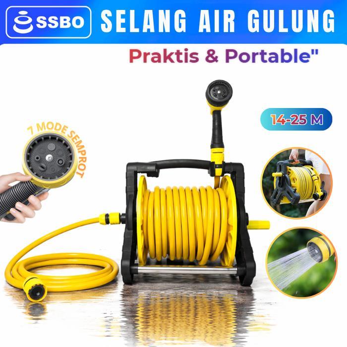 1 Set Selang Air Gulung Fleksibel 14 - 25 Meter Semprotan Air Kran 7 Multifungsi untuk Menyiram