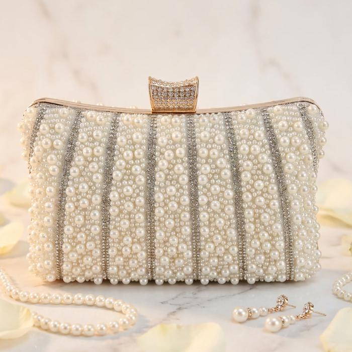 Tas Kondangan Pesta Wanita Kristal Mutiara Pengantin Putih 70640-2