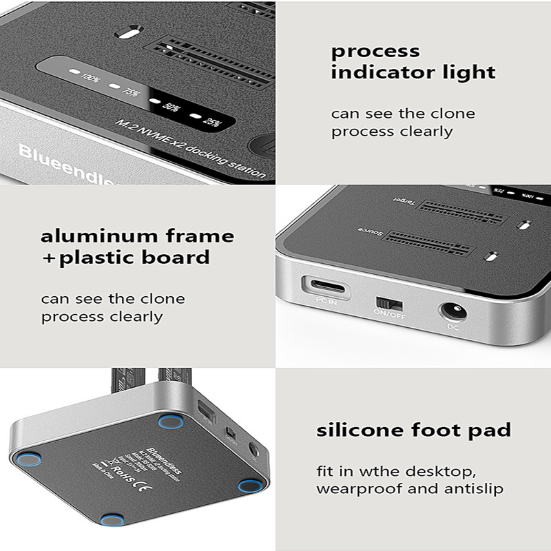 Blueendless Dual-Bay M.2 NVME SSD Clone M.2 NVme SSD reader 20Gbps USB3.2 Type C OFFline Clone