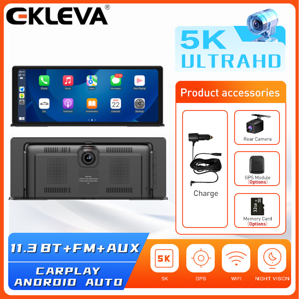 EKLEVA 5K Dash Cam 11.3" Touch Screen Car Camera 5G WiFi Wireless CarPlay & Android Auto GPS