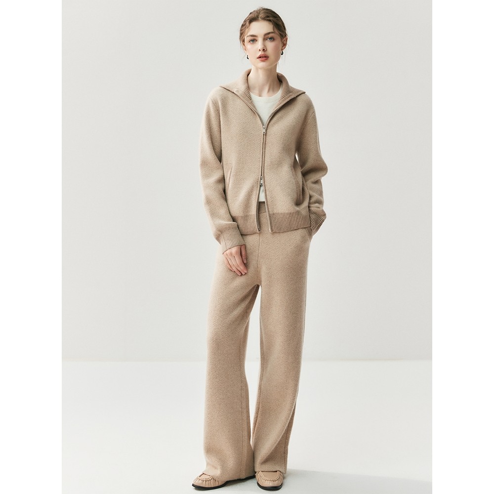 CHICUU Luxury Women 100% Cashmere Cardigan Wide Leg Pant Set Thick Warm Zipper Cardigan Coat Long