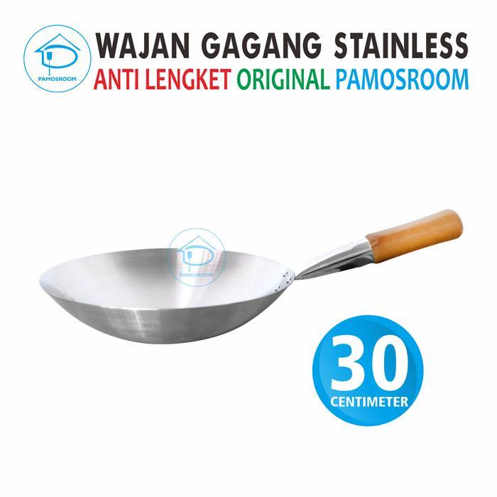 Pamosroom Wajan Gagang Kayu Stainless Tahan Panas Penggorengan 30Cm
