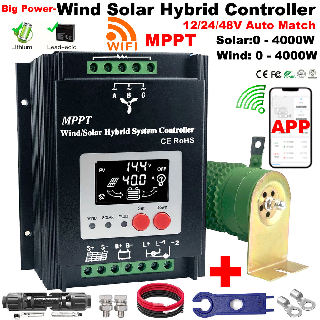 12V 24V 48V 3000W Wifi Wind Solar Hybrid Charge Controller, MPPT Charge for Solar Panel Wind Turbine