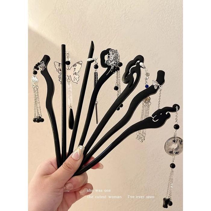 SIGVARDSTORE Tusuk Konde Kayu Hitam Hanfu China Jepit Rambut Rumbai Hiasan Kepala Wanita MHT11