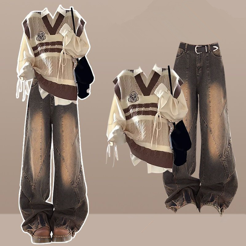 Preppy Style Spring Autumn Women Knit Vest Bandage Shirts Wide Leg Pants Three Piece Set Lady