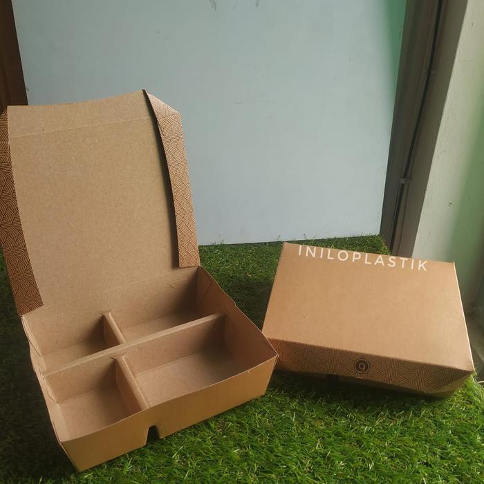 Thebest- Lunch box sekat 4 Coklat Eco kraft laminasi / Paper Lunch Box Kraft Sekat 4
