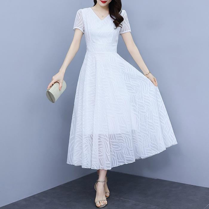 FANMU Gaun Putih Korea Baru/Pendek -Sleeved V -Neck Chiffon Long Rok/korean style dress/dress