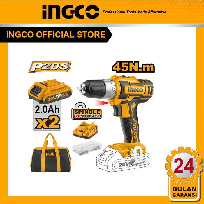 INGCO Bor Baterai 20V 5Nm 2 Kecepatan, Dilengkapi 47 Aksesori, 2 Baterai 2.0Ah, dan 1 Charger