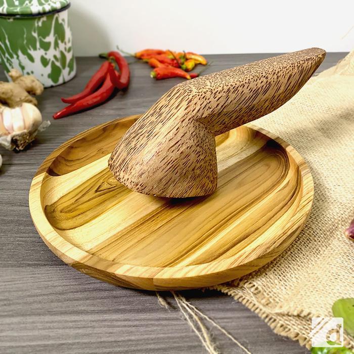 DADALALA Cobek Kayu Jati 25 Cm + Ulekan Kayu Kelapa Ukuran Besar