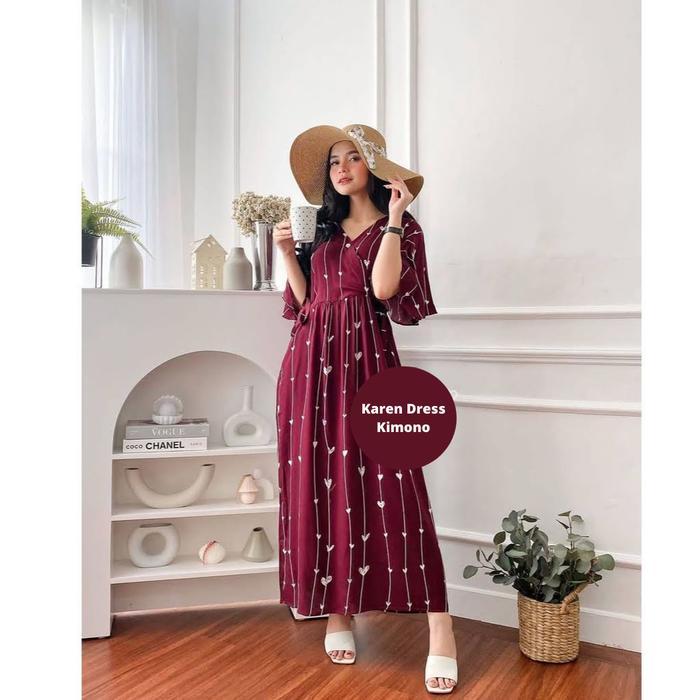 Dress Kimono Wanita Kancing Depan Rayon Busui Kain Casual Midi Katun Pendek