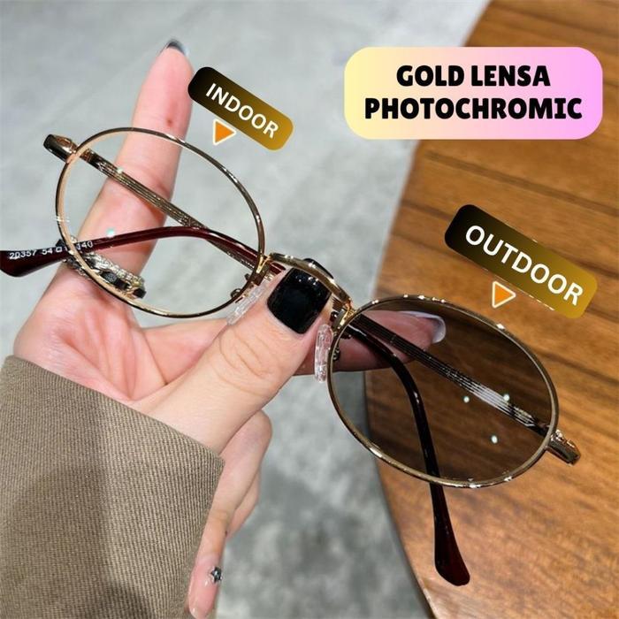Kacamata Fashion Lensa Photochromic Bingkai Metal Lensa Oval Kecil Medium Anti Sinar Biru Anti