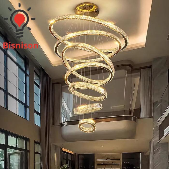 Lampu Gantung Kristal Cincin Modern Mewah Jarak Jauh Lampu Tangga LED Lampu Gantung Kristal Besar