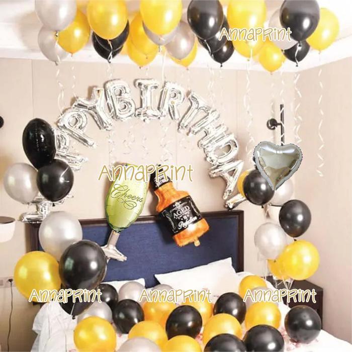 Paket Dekorasi Balon Ulang Tahun Dewasa Hitam Kuning Botol Whisky