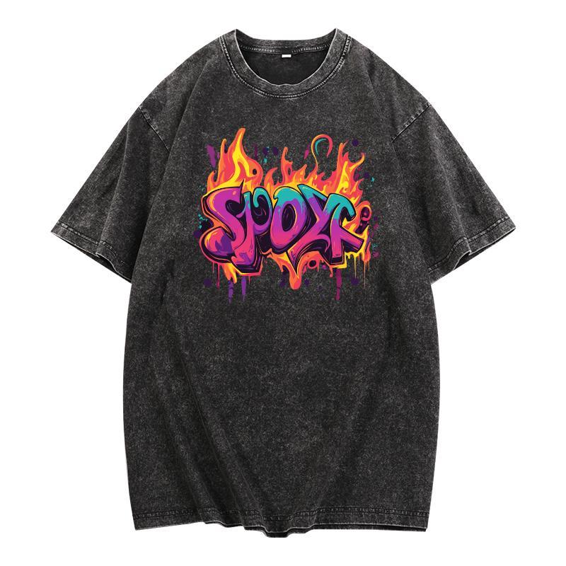 Trendy  T - Shirt with Fiery “Spox” Graffiti Design for Urban Fashion Enthusiasts