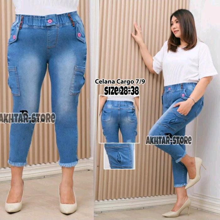 (Akhtar-Jeans) Vania Cargo 7/9 Jeans Pinggang Karet Rawis Bahan Melar Celana Cargo Jumbo Tebal